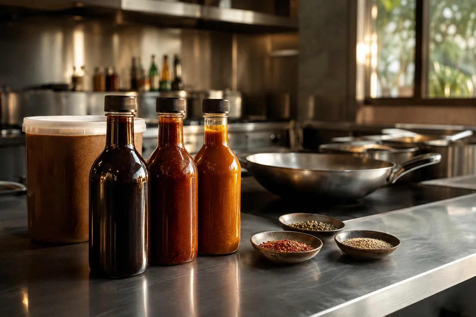 Illustrative professional kitchen with unbranded sauces and ingredients.