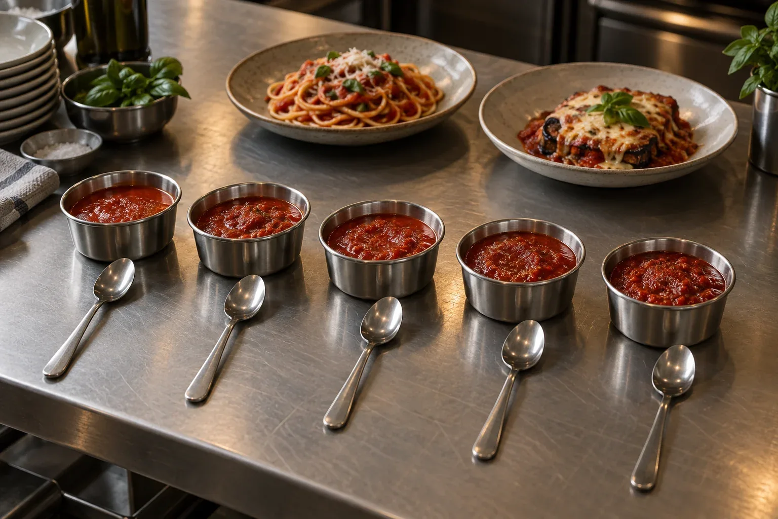 An illustrative professional kitchen bench with sauce samples and cooked dish applications.