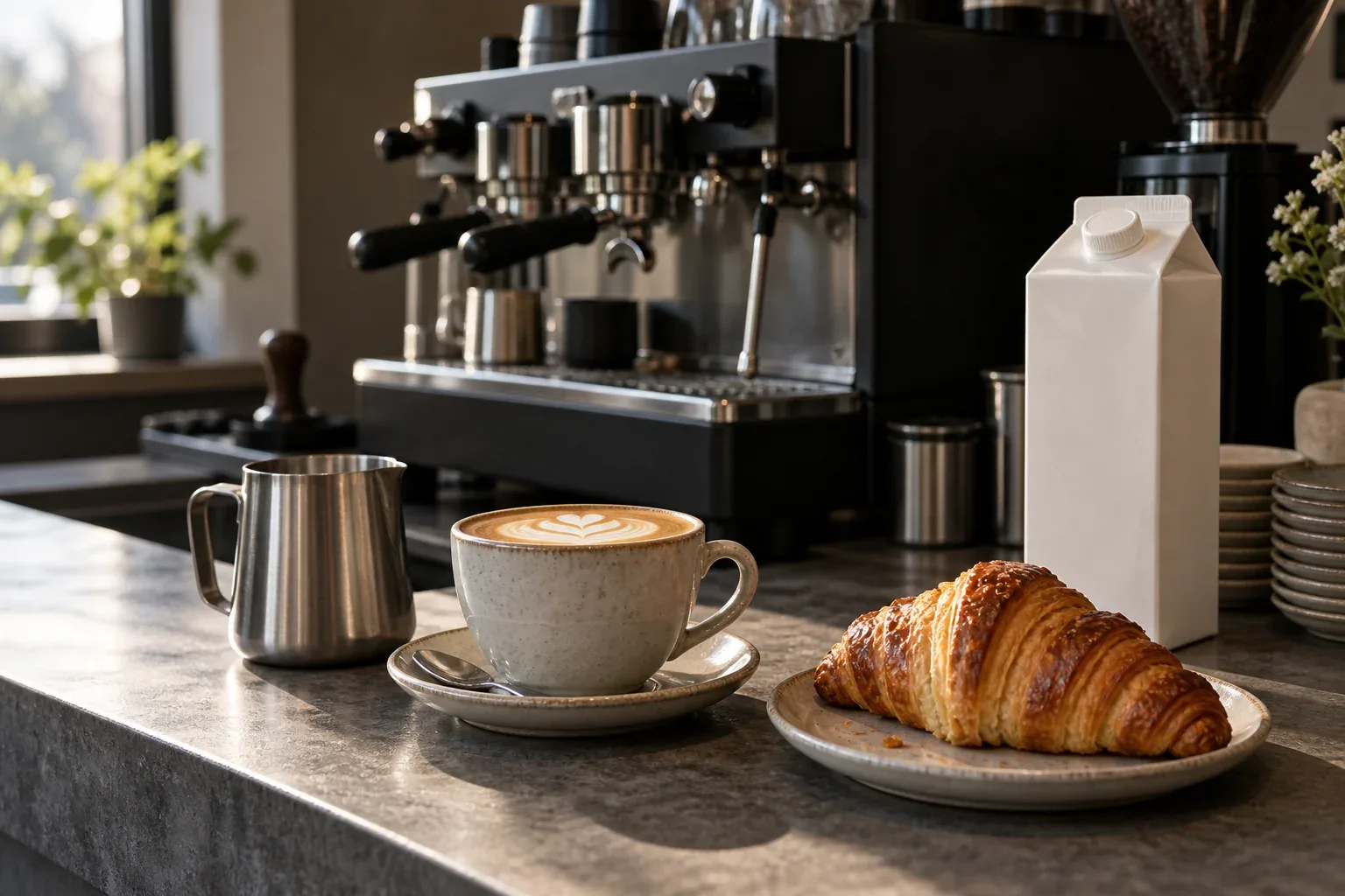 An illustrative café counter with dairy ingredients, coffee and bakery products.