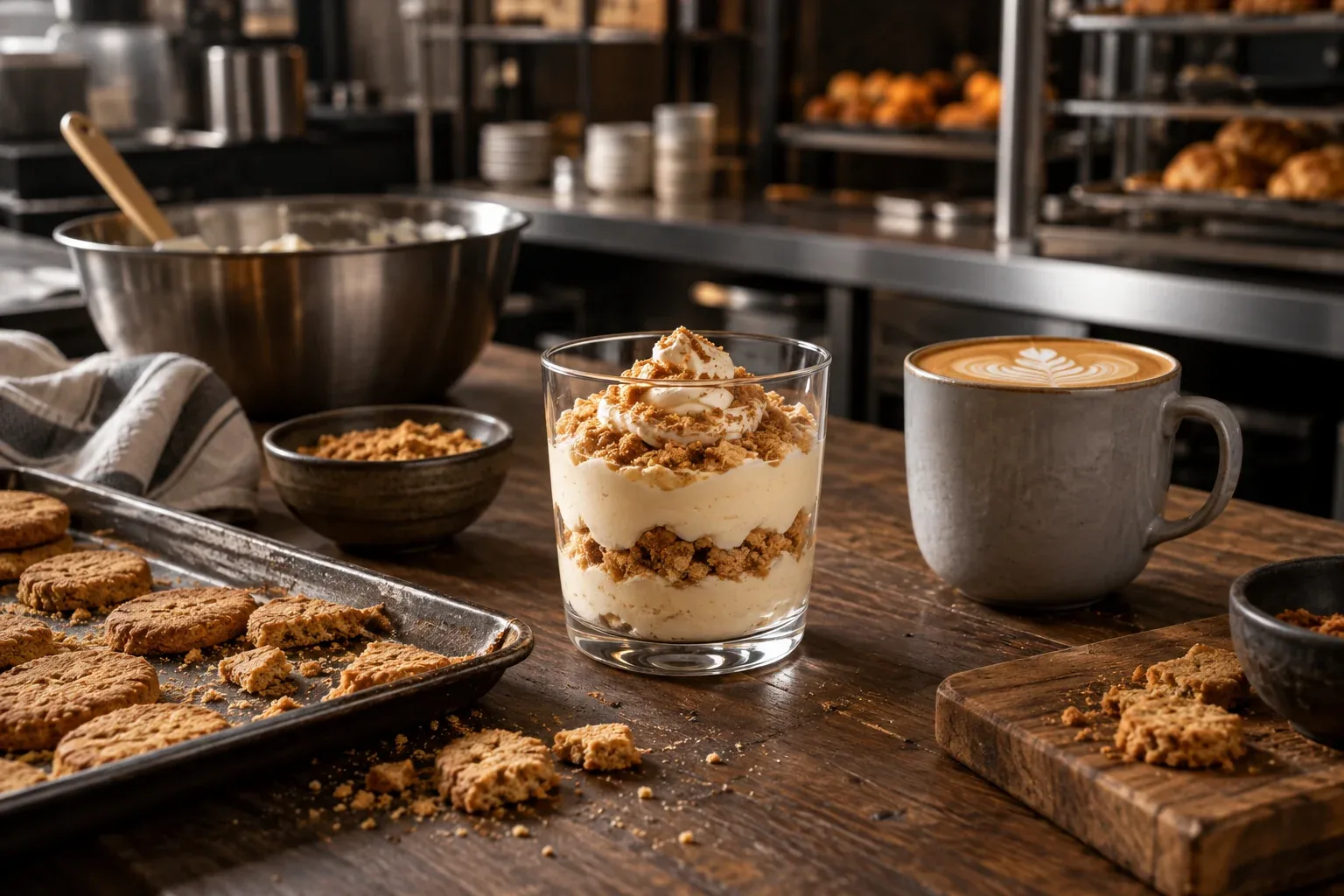 An illustrative foodservice preparation counter with coffee, dessert and bakery ingredients.