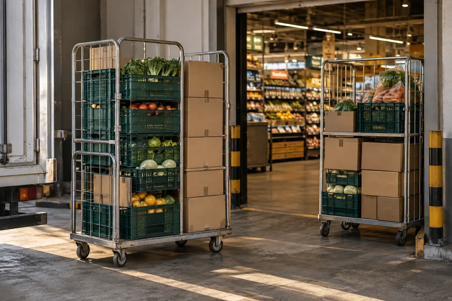 Illustrative grocery receiving area with roll-cage trolleys and crates of replenishment goods; not a Hero Market site photograph.