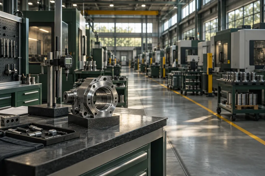 AI-generated manufacturing illustration: a precision component on an inspection bench, with an organized factory floor behind it
