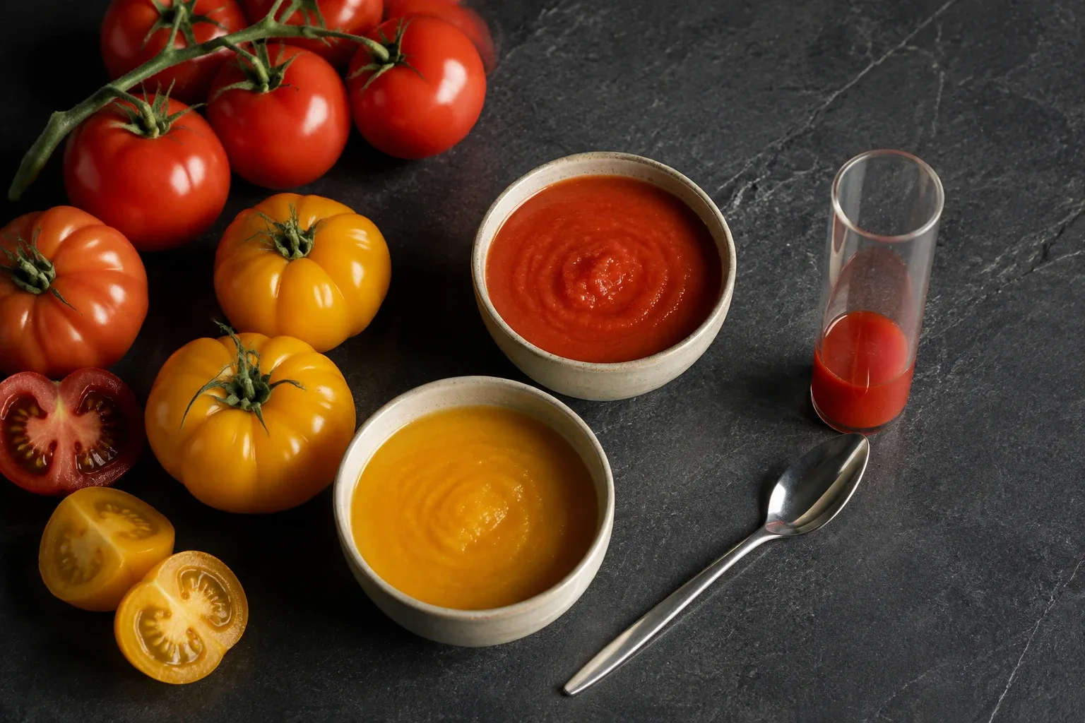 Illustrative culinary workbench with red and golden tomatoes and soup samples.