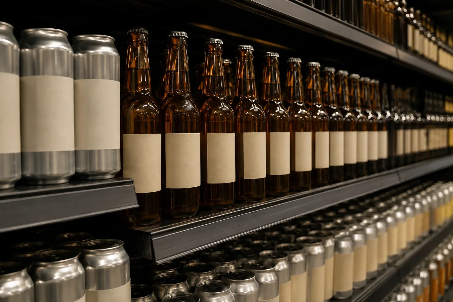 An illustrative retail shelf with unbranded beer bottles and cans.