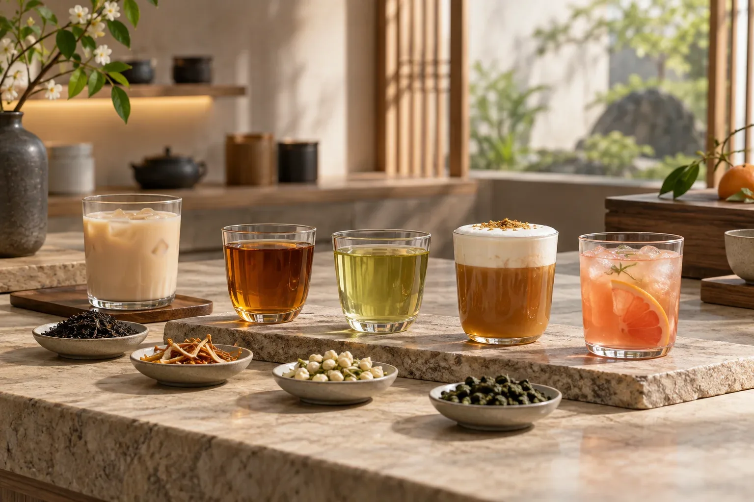Illustrative tea tasting counter with unbranded tea drinks and ingredients; not a CHAGEE site photograph.